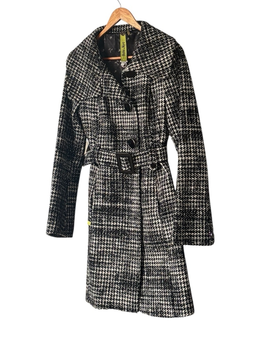 Soia & Kyo Wool Blend Tweed Belted Trench Coat - Black & White Houndstooth Small - Picture 5 of 12